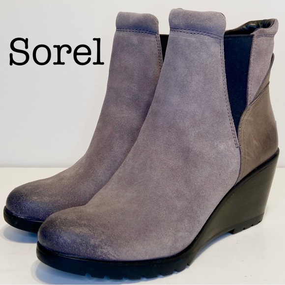 Sorel After Hour Gray Suede Leather Wedge Chelsea Boots Size 10 1/2